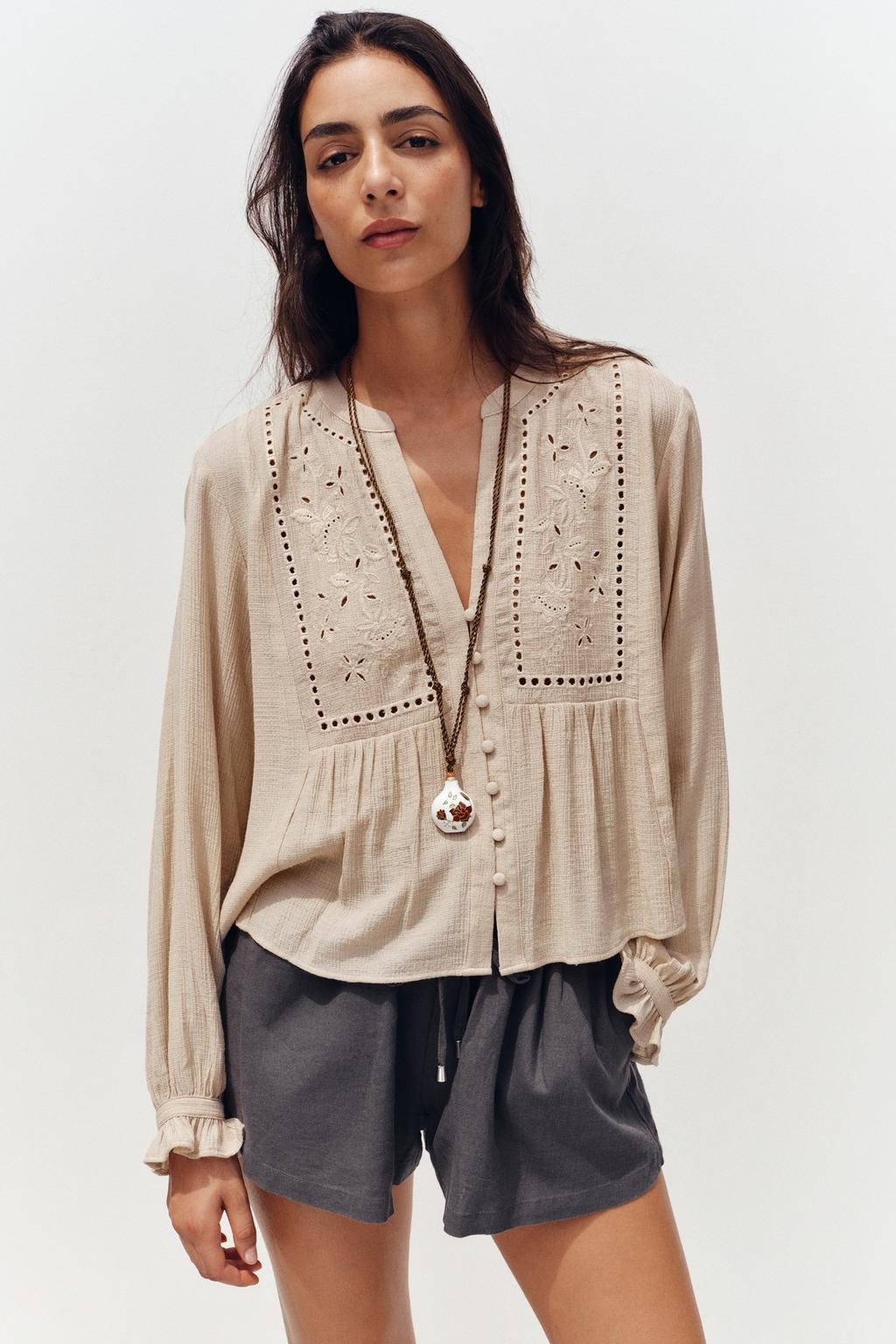 SHORT BLOUSE WITH CUTWORK EMBROIDERY - Zara фото 7