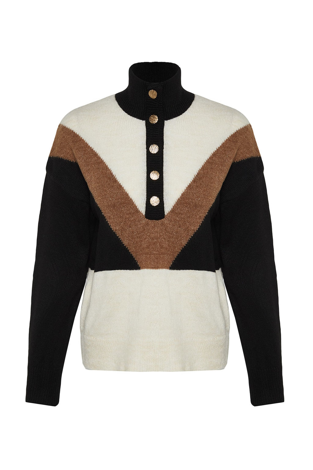 Siyah Genis Kal?p Dik Yaka Renk Bloklu Triko Kazak TWOAW24KZ00092 - Trendyolmilla фото 6