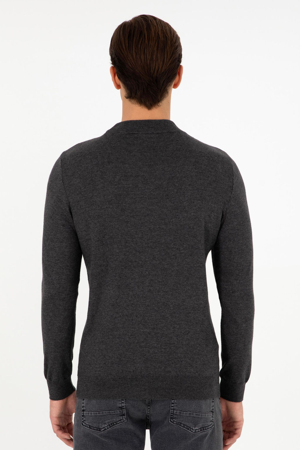 Erkek Slim Fit _eyrek Bal_k__ Yaka Antrasit Melanj Basic Triko Kazak