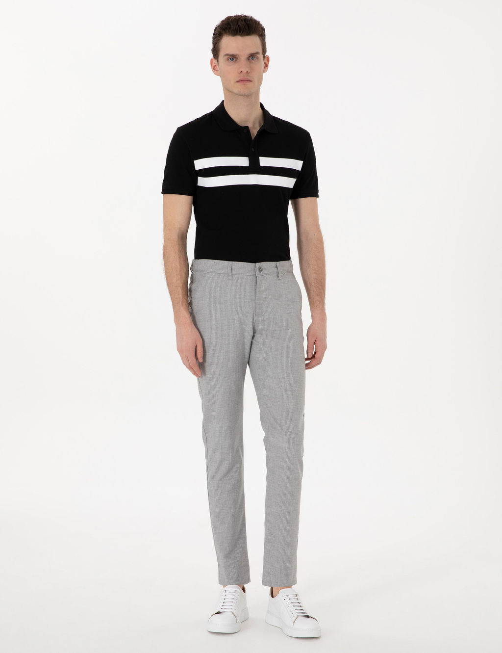 Gri Slim Fit Beli Lastikli _izgili Kanvas Pantolon