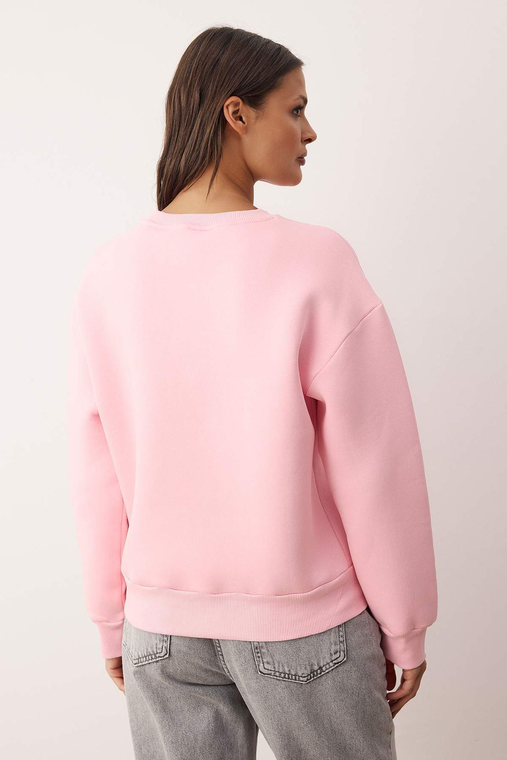 Ac?k Pembe Kal?n Ici Polarl? Regular/Normal Kal?p Bisiklet Yaka Basic Orme Sweatshirt TWOAW24SW00101