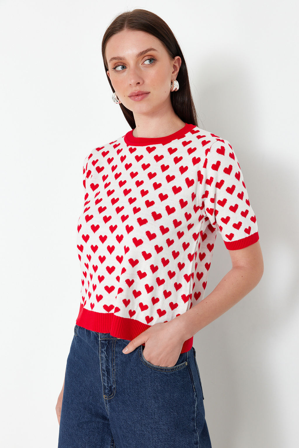 K?rm?z? Bisiklet Yaka Kalp Desenli Ince Triko Bluz TWOSS21KZ0008