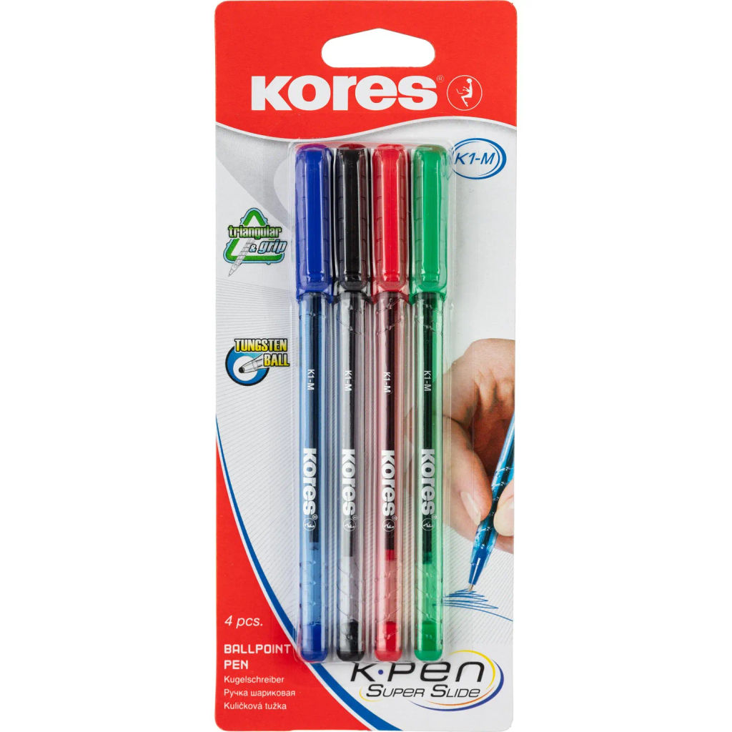 Ручка шариковая неавтомат. KORES К1 0,7ммтреуг.корп4шт/бл сн/чр/кр/зл  фото 2