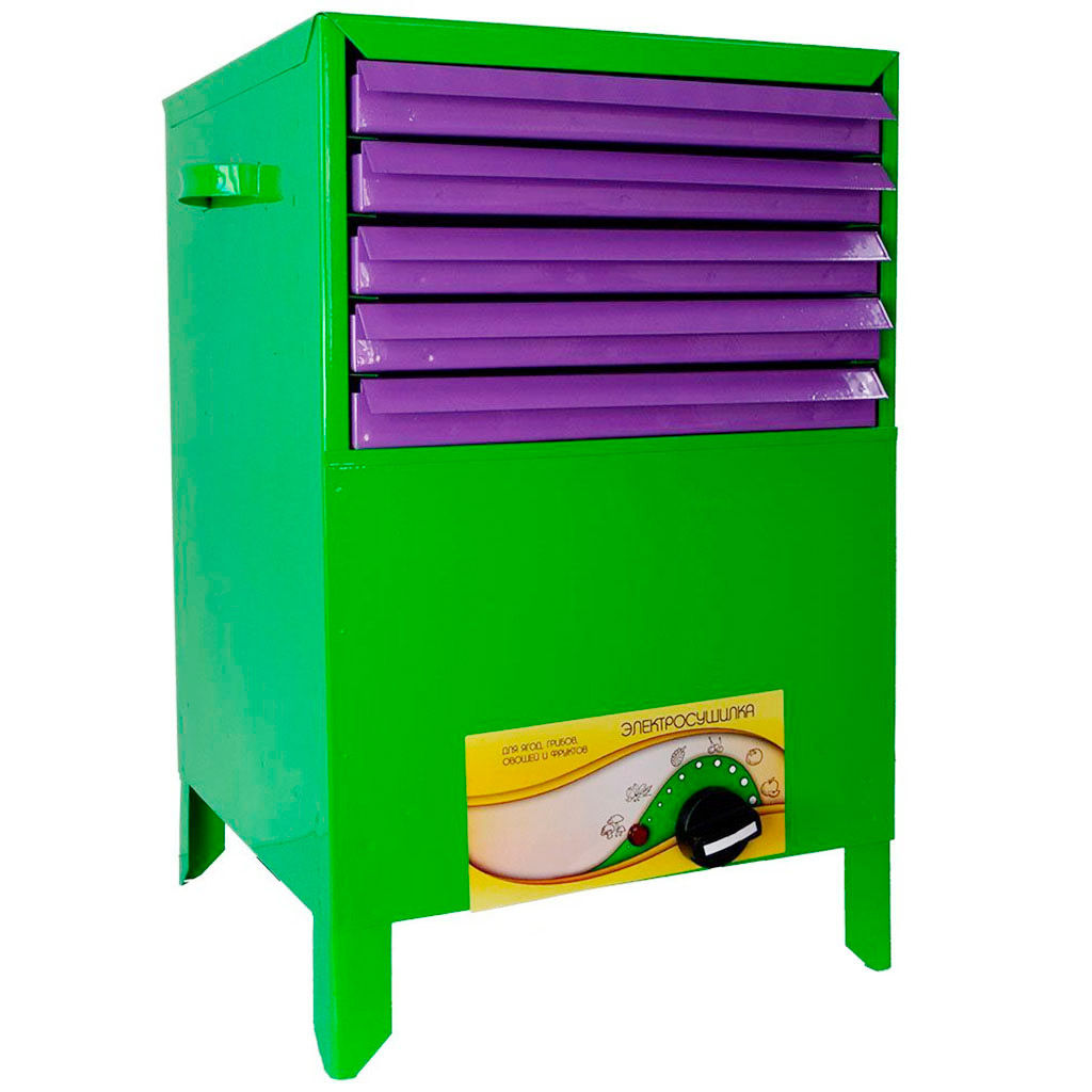 Электросушилка для грибов, овощей и фруктов "Сухофрукт" 20л, 31х31х47см, металл, 5 выдвижных металлических поддонов, 450Вт, горизонтальная загрузка, естественная конвекция, регулировка температуры, зеленый (Россия)