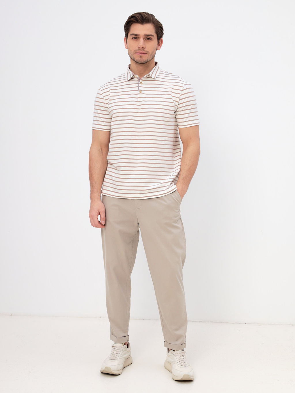 Джемпер мужской с воротником поло короткий рукав GREG G144-KD1246T-UT24 (беж полоска)  фото 7