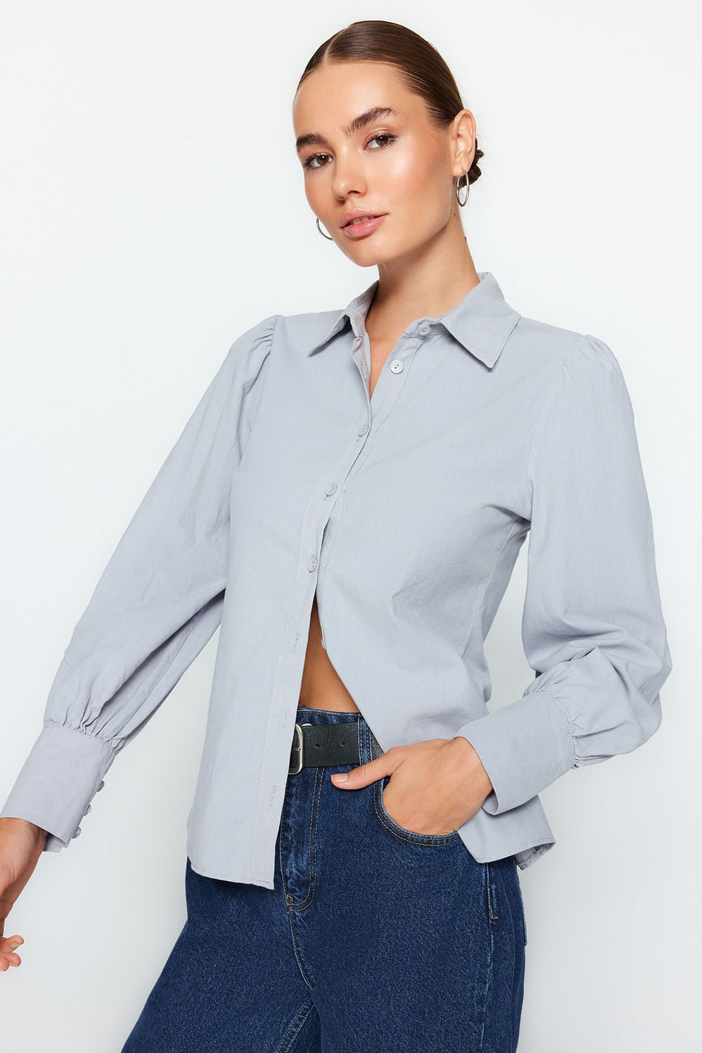 TRENDYOLMILLA Beyaz Balon Kol Pamuklu Regular Normal Kal?p Dokuma Gomlek TWOSS20GO0065 фото 6