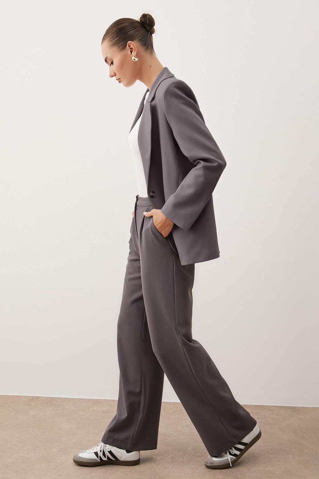 Antrasit Wide Leg/Genis Paca Dokuma Kumas Pantolon TWOAW22PL0139