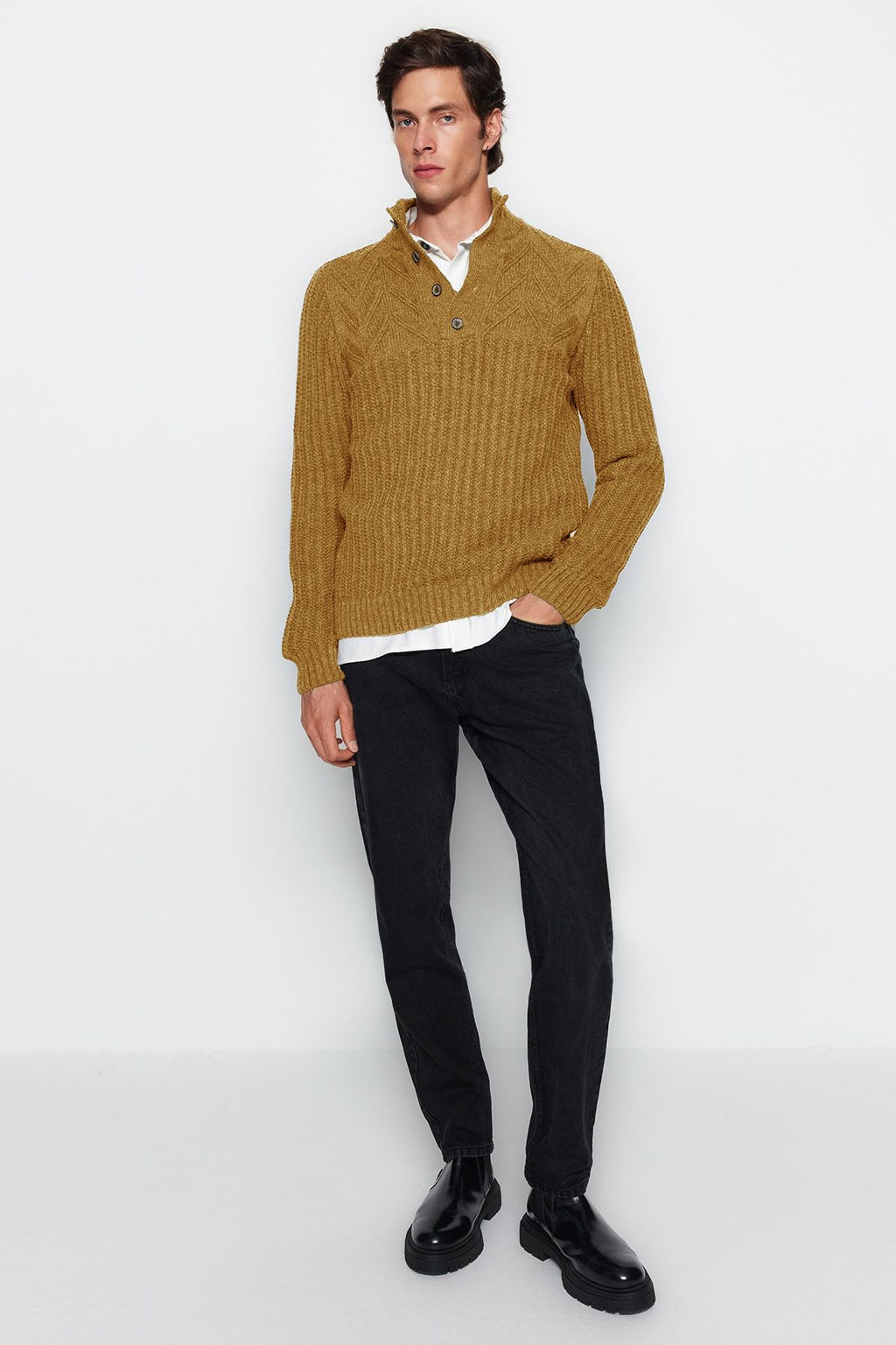 TRENDYOL MAN Ekru Unisex Regular Fit Yunlu Yar?m Bal?kc? Dugmeli Triko Kazak TMNAW22KZ0327 - Trendyolmilla фото 10