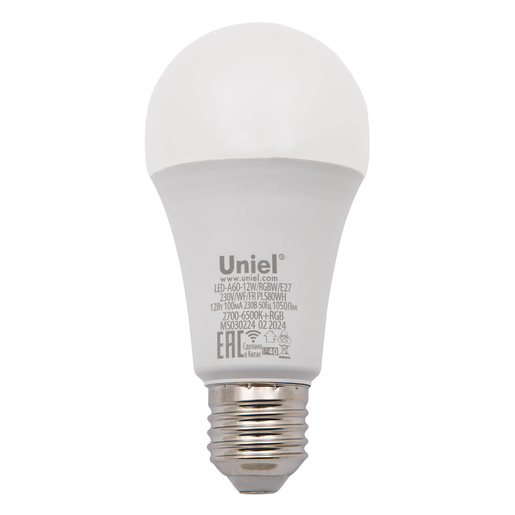 LED-A60-12W/RGBW/E27/230V/WF/FR PLS80WH Умная лампа светодиодная Wi-Fi+Bluetooth, диммируемая. Форма "А", матовая. 2700-6500K+RGB. Голосовое управление+приложение UnielSmart. TM Uniel