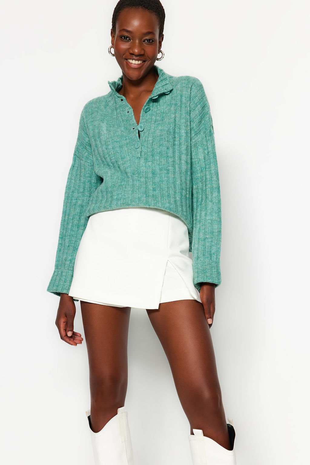 Sar? Genis Kal?p Yumusak Dokulu Dik Yaka Triko Kazak TWOAW21KZ0783 - Trendyolmilla фото 20