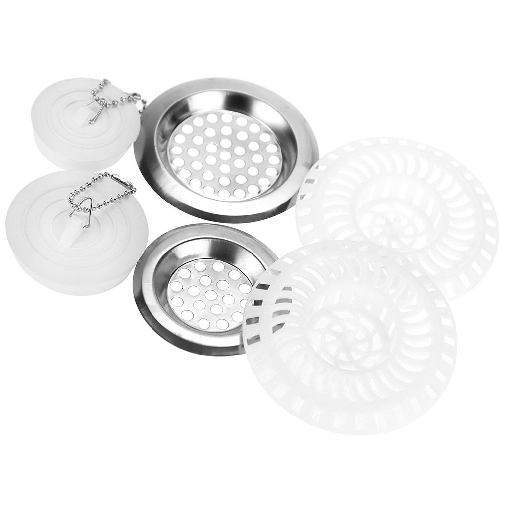 Набор для раковины 6 предметов: пробка-сетка для раковины из нержавеющей стали - 2 штуки: д6см, д7,5см; пробка-сетка для раковины пластмассовая - 2 штуки д8см; пробка резиновая - 2 штуки: д4см, д5см, в блистере (Китай)