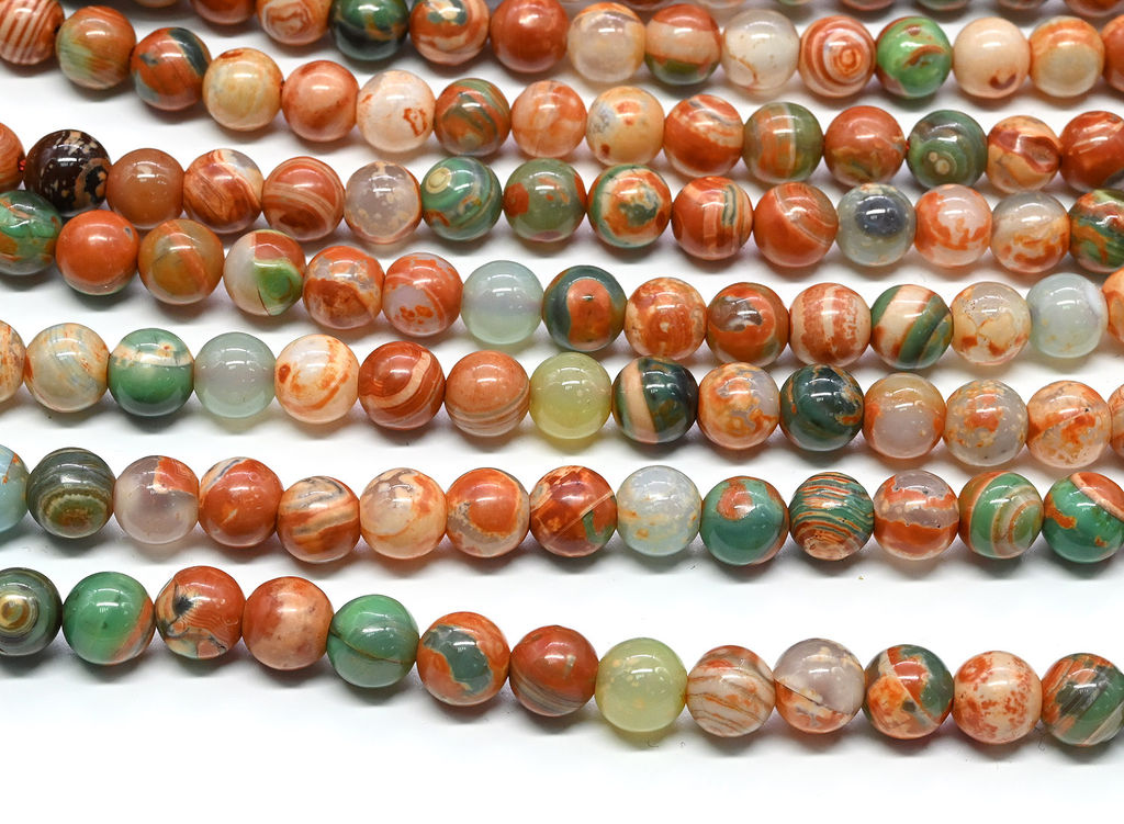 Бусины из агата тонированного шарик 8мм цв.рыже-зеленый, 37см, 49 бусин Радуга камня