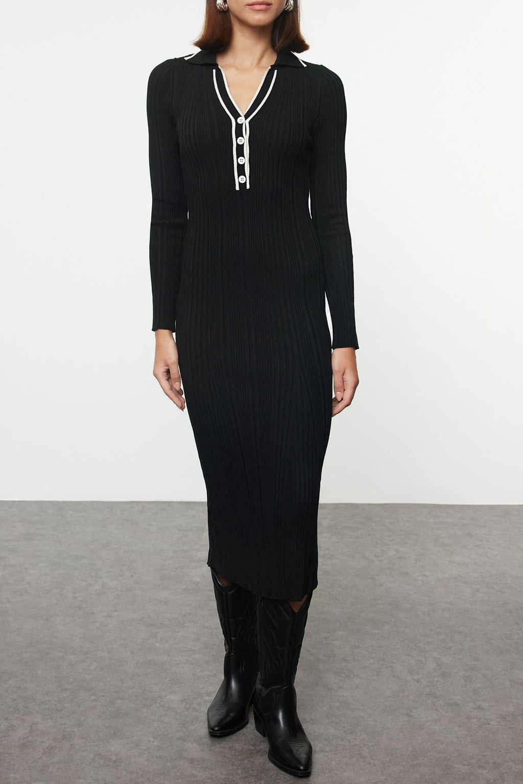 TRENDYOLMILLA Tas Renk Bloklu Midi Triko Premium Iplik/Ozel Iplik Elbise TWOAW25EL00307 фото 3