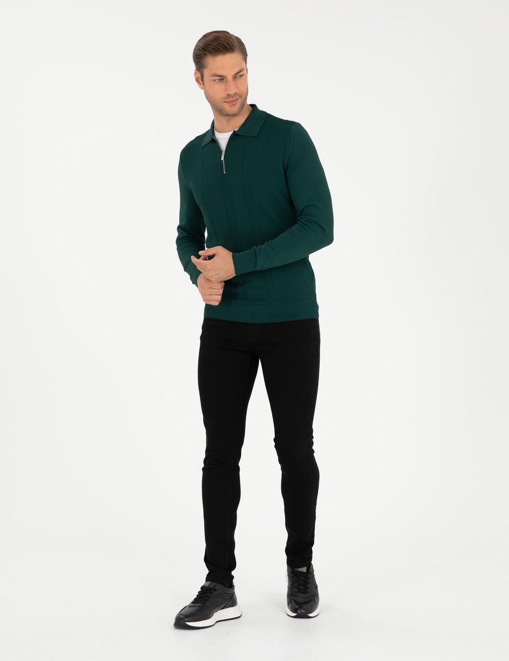 Ye_il Regular Fit Fermuarl_ Polo Yaka Triko Kazak