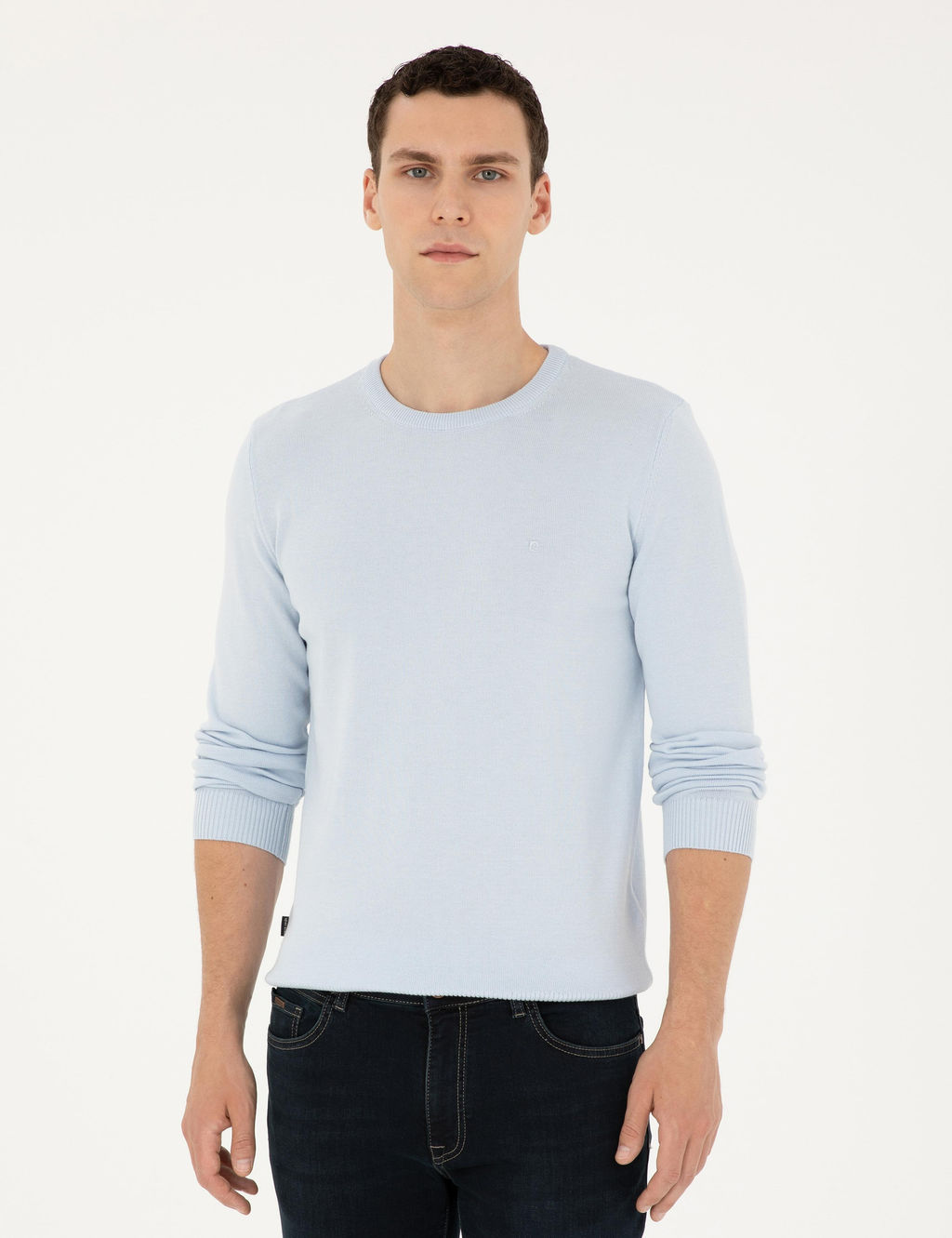 A__k Mavi Slim Fit Bisiklet Yaka Basic Triko Kazak