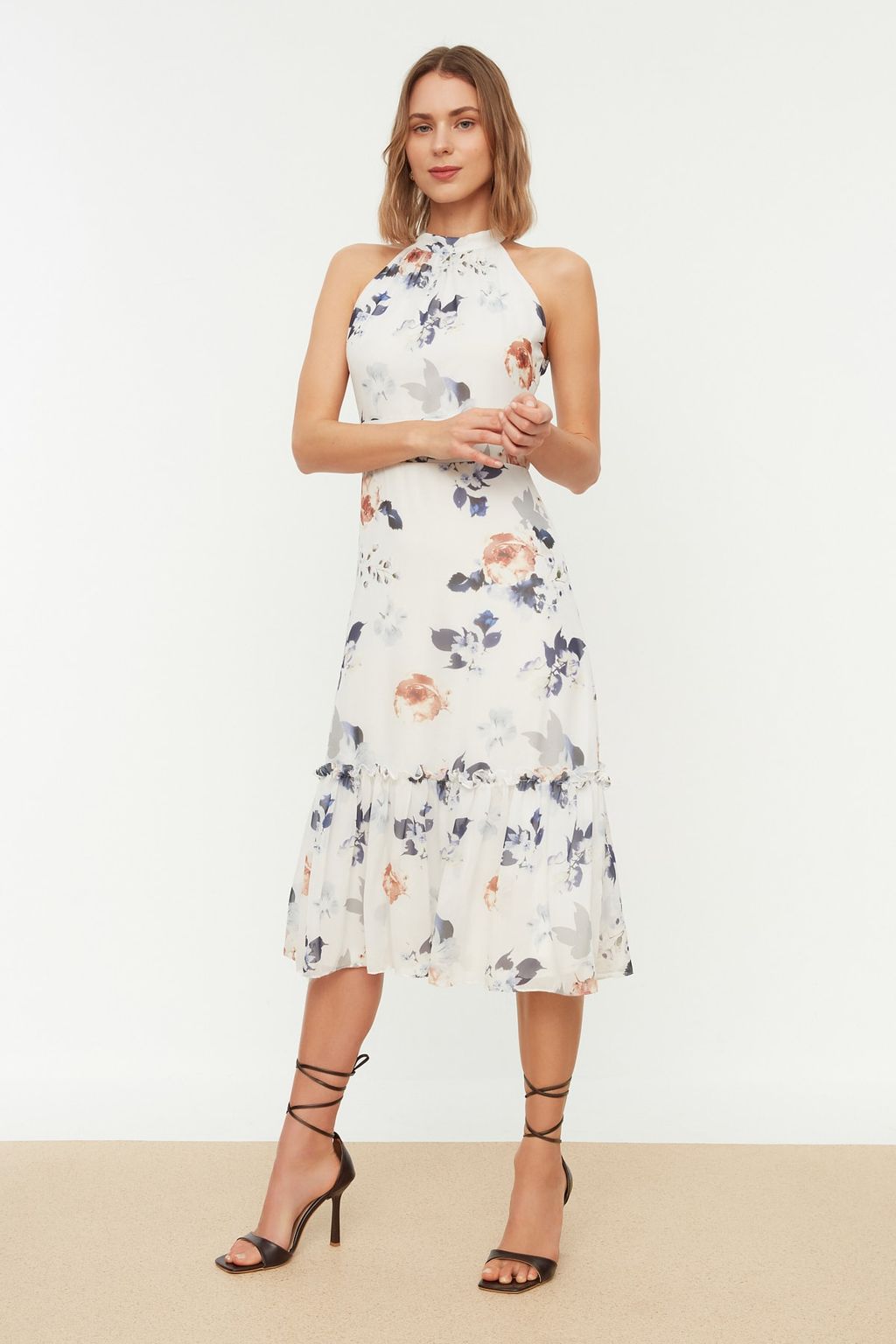 TRENDYOLMILLA Lacivert Cicek Desenli A Kesim Halter Yaka Astarl? Midi Dokuma Elbise TWOSS19LJ0200 фото 9