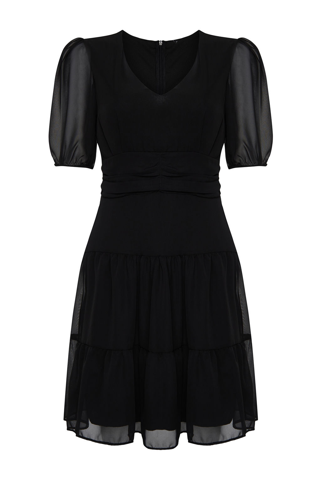 Siyah Belden Ac?lan Volanl? Sifon Astarl? Mini Dokuma Elbise TWOSS24EL00634