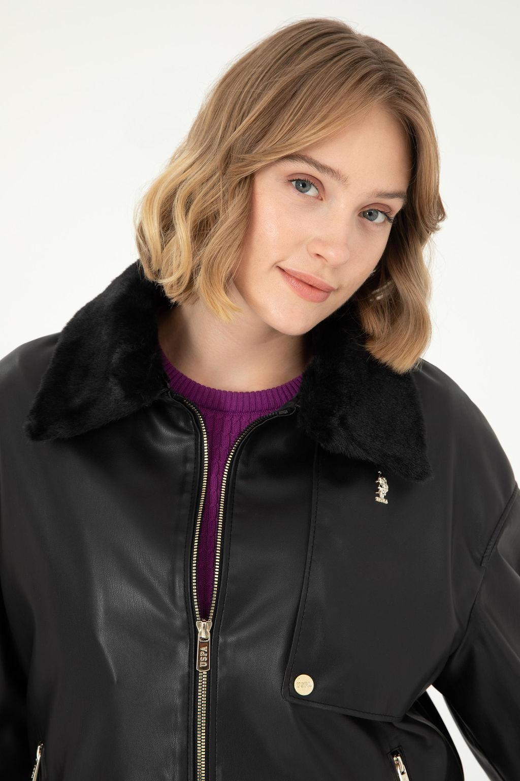 Женская черная кожаная куртка - U.s. polo assn фото 2