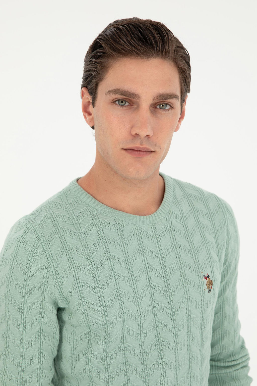 Erkek Slim Fit Bisiklet Yaka Su Ye_ili Basic Kazak