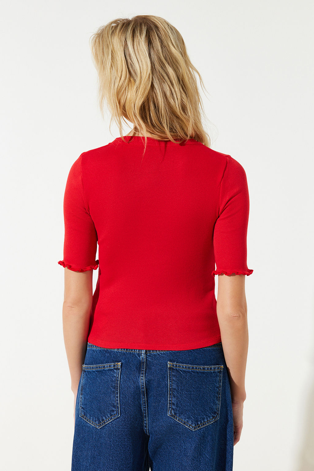 K?rm?z? Fitilli Fitted/Vucuda Oturan Bisiklet Yaka Esnek Orme Bluz TWOSS23BZ00025