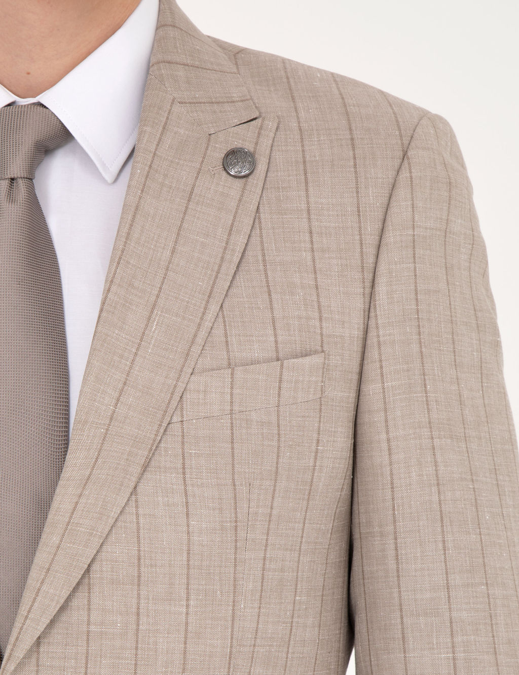 Bej Slim Fit Y_n Keten Kar___ml_ _izgili Tak_m Elbise