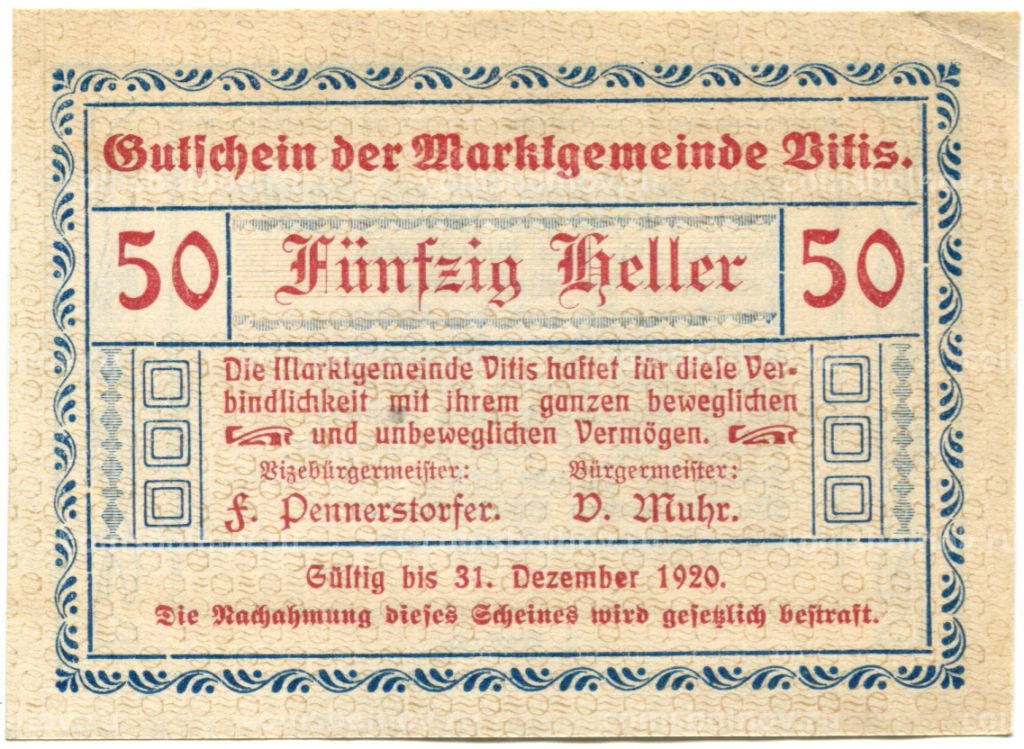 50 геллеров 1920 года Австрия Витис (нотгельд)