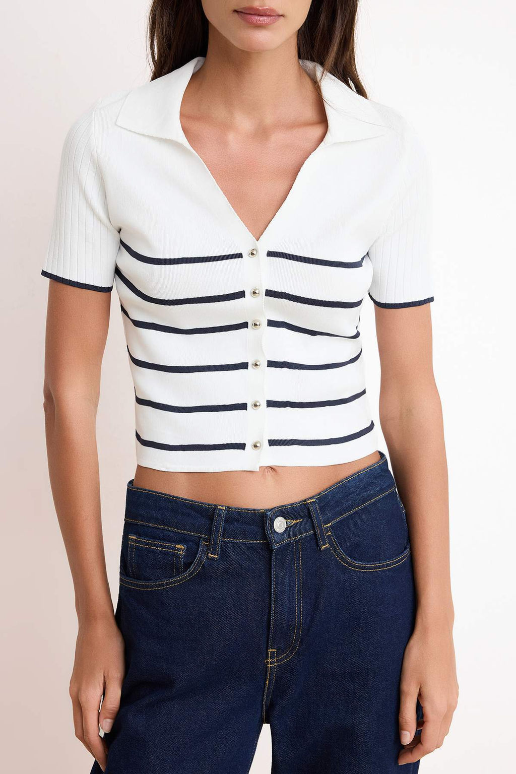 Lacivert-Ekru Ikili Paket Cizgili Basic Bluz TWOSS26BZ00284