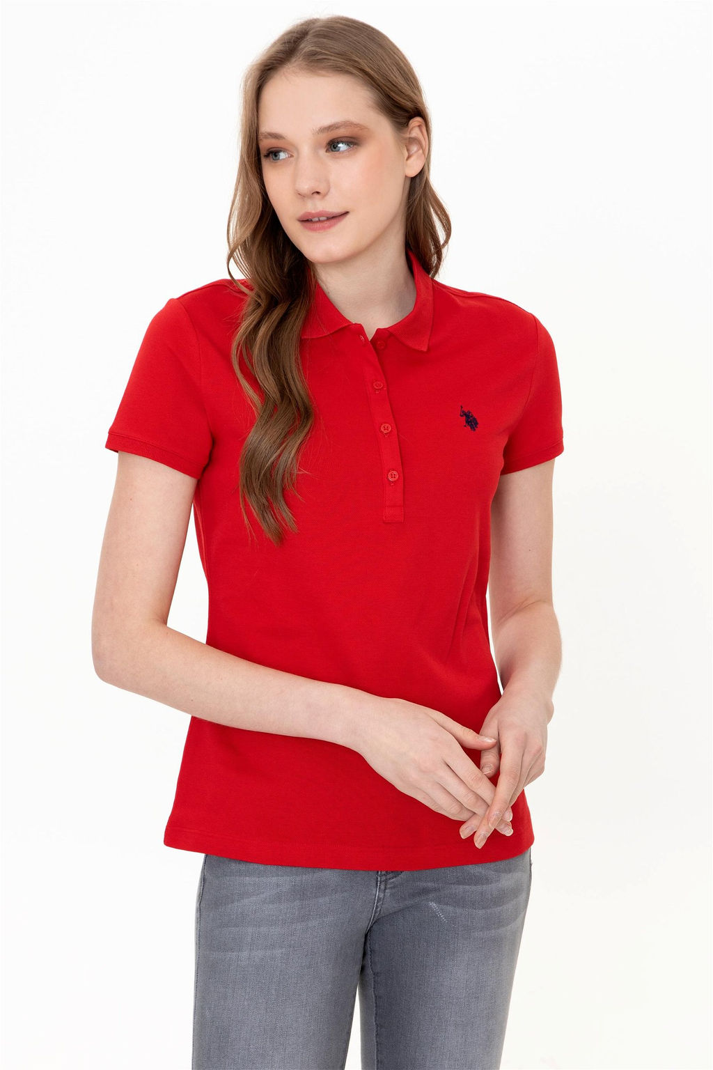 Женская базовая красная футболка с воротником поло Basic - U.s. polo assn фото 7