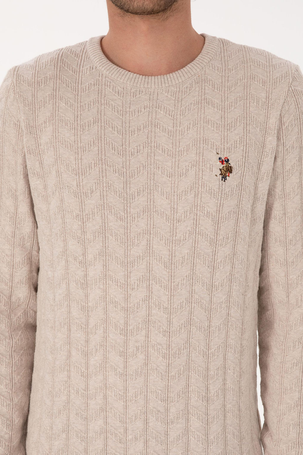 Erkek Slim Fit Bisiklet Yaka Desenli Ta_ Melanj Kazak