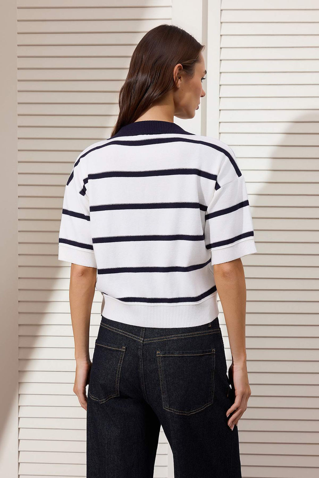Lacivert Polo Yaka Cizgili Triko Bluz TWOSS26BZ00121