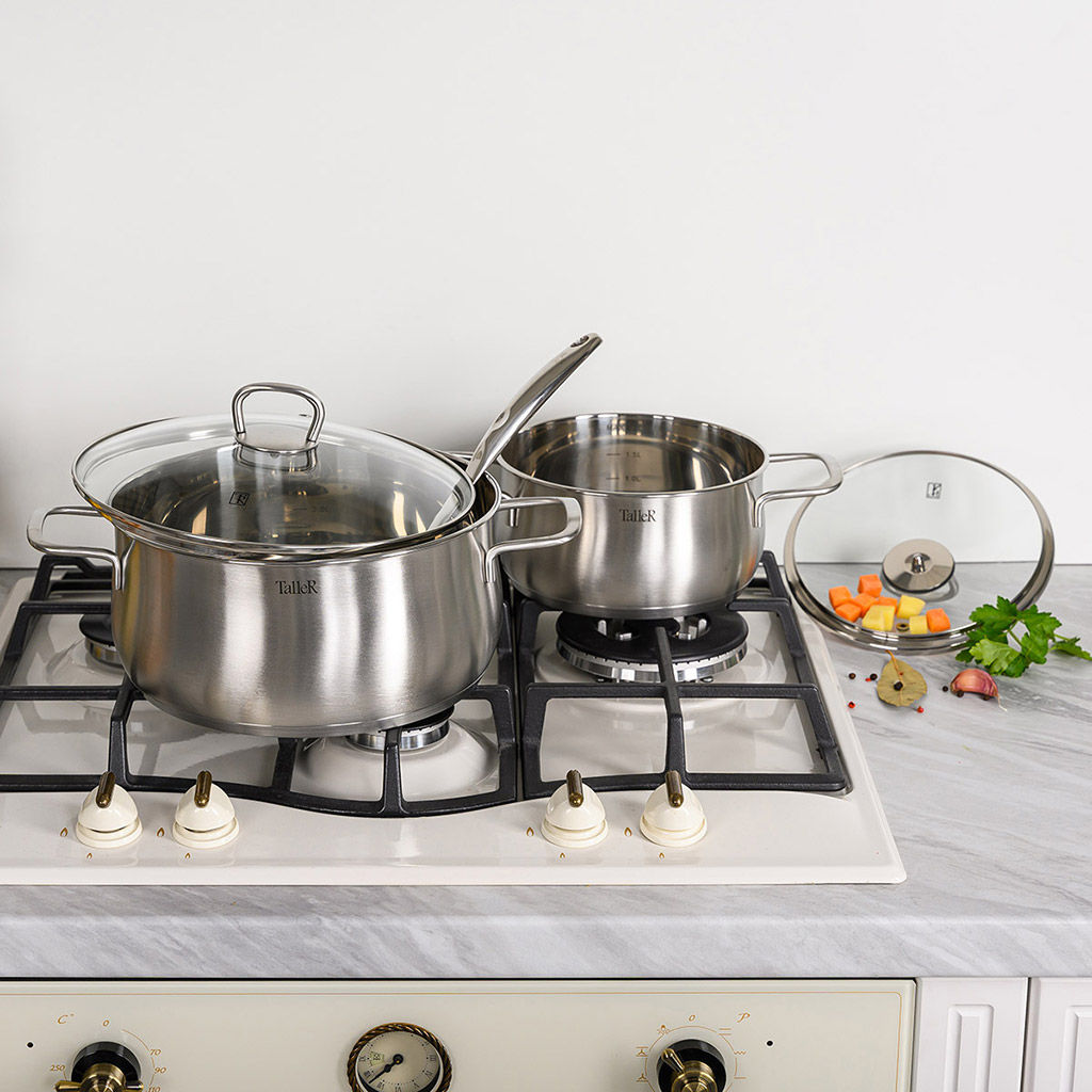 Набор кастрюль из нержавеющей стали Бригг 3 штуки: 2,2л - д18см, h9см, 3,2л - д20см, h10,5см, 5,2л - д24см, h11,5см, s0,5мм, дно s2,7мм, полировка матовая снаружи, зеркальная внутри, стеклянная жаропрочная крышка, стальной обод, пароотвод, ручки с - Домашняя мода фото 7