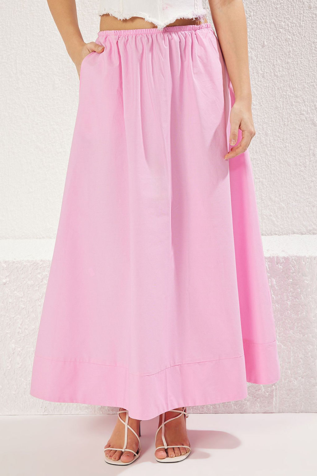 TRENDYOLMILLA Pembe Beli Lastikli Pamuklu Kumas A-Line Kal?p Maxi Boy Dokuma Etek TWOSS25ET00084 фото 5