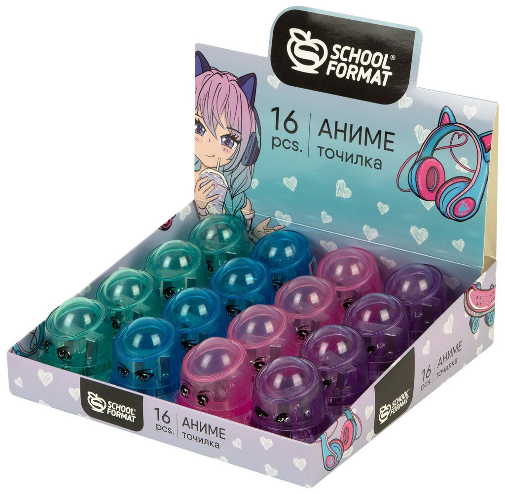 Точилка Schoolformat АНИМЕ с контейнером, ассорти, корпус пластик, 2 отверстия, резиновые ...