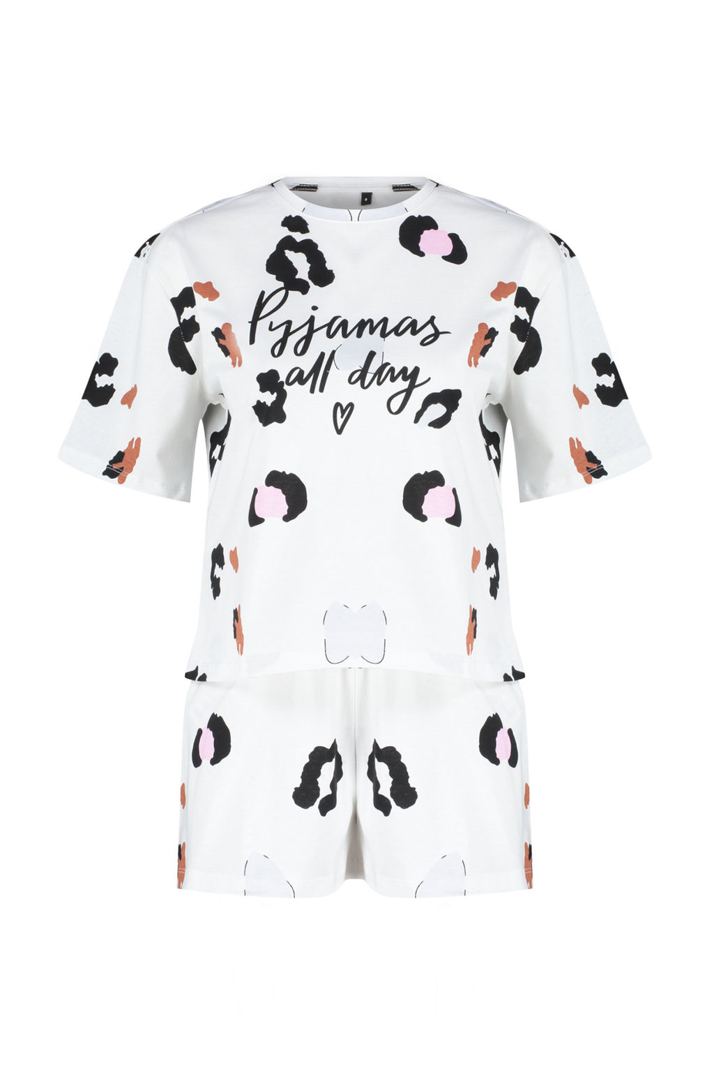 Beyaz-Cok Renkli %100 Pamuklu Leopar Desenli Sloganl? Sortlu Orme Pijama Tak?m? THMSS24PT00032