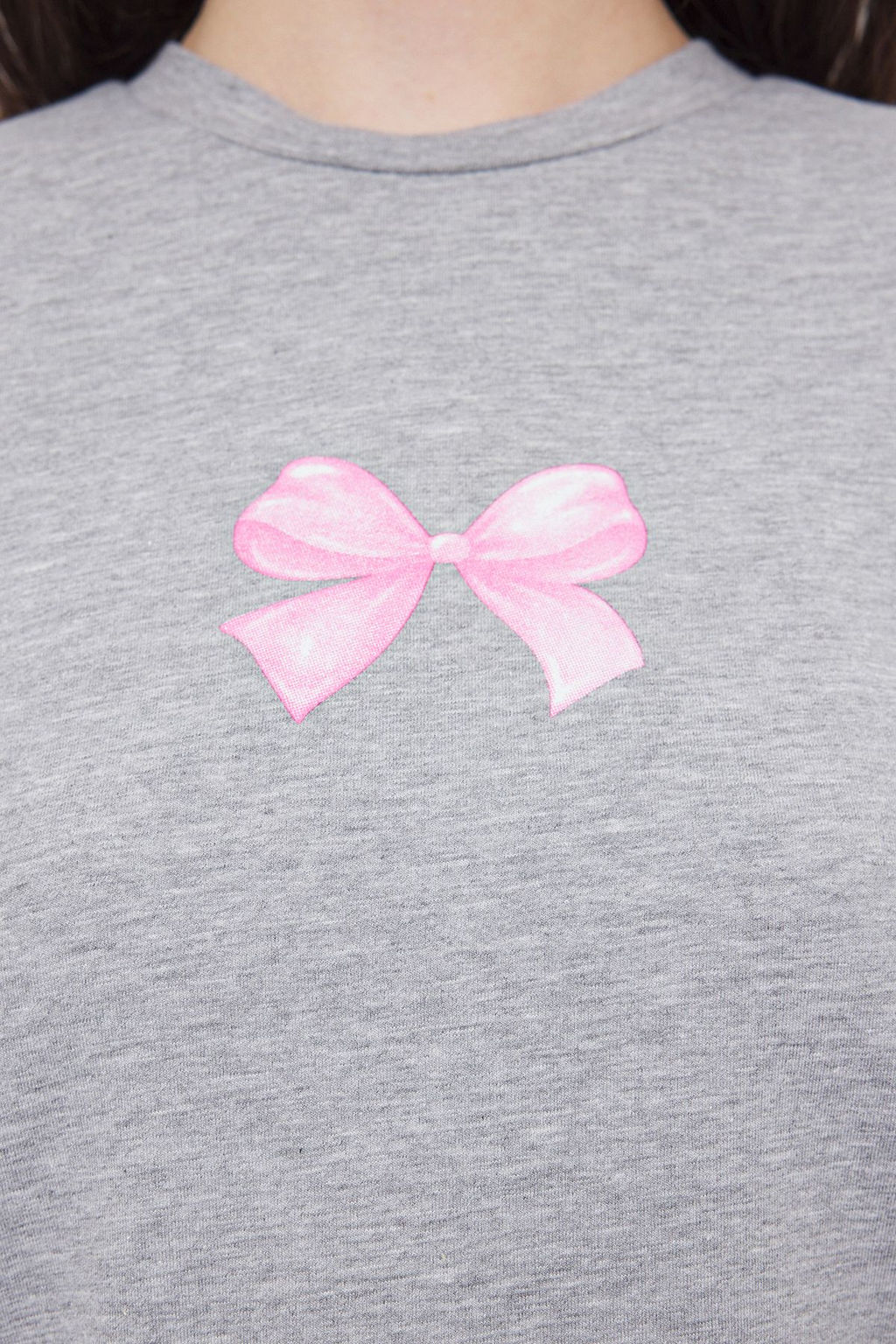 Gri Melanj Fitted/Vucuda Oturan Fiyonk Bask?l? Orme T-Shirt TWOSS25TS00082