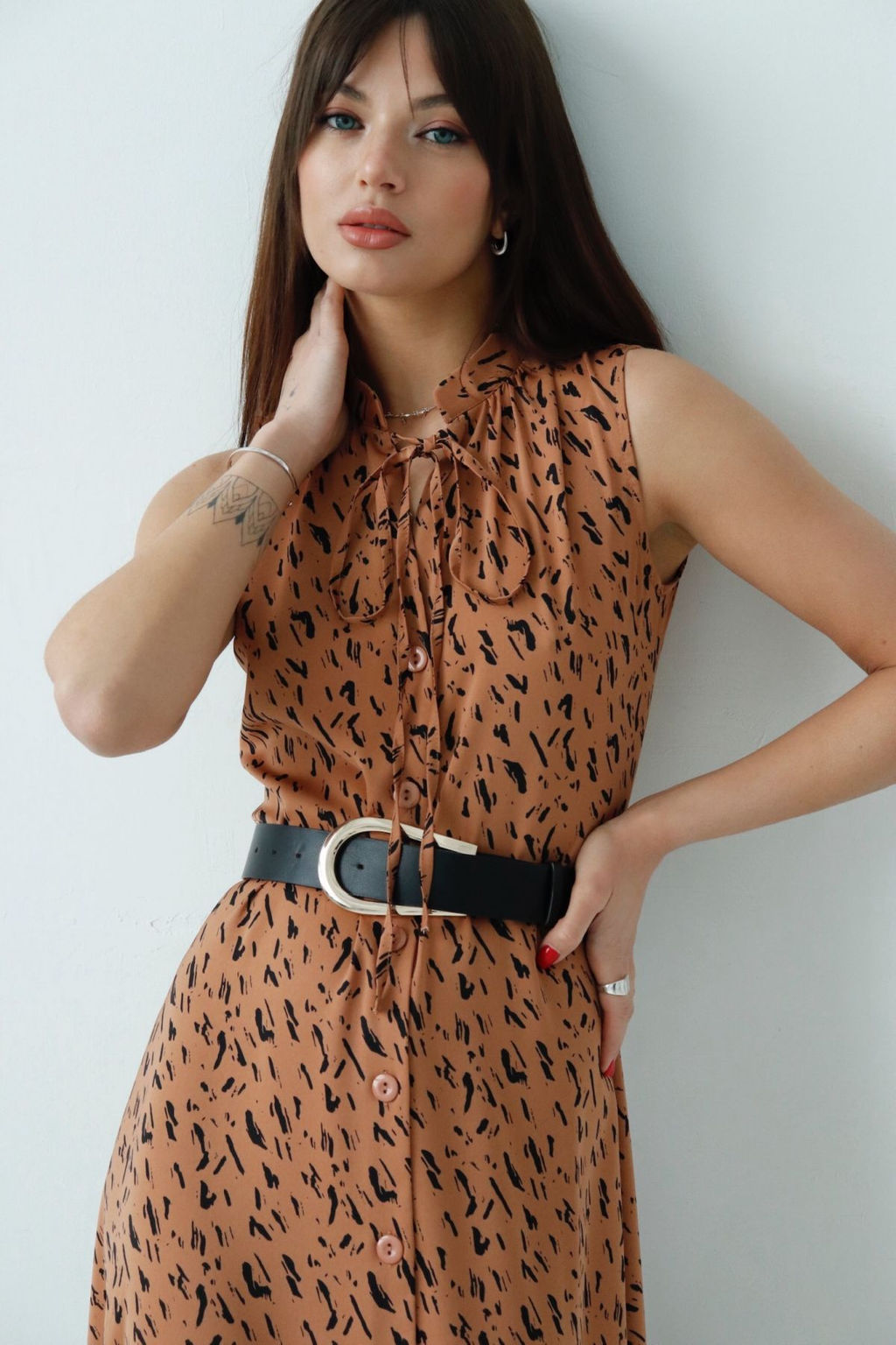 Martichelli Шёлковое платье, как из к/ф Красотка, светло-коричневое с принтом  фото 12