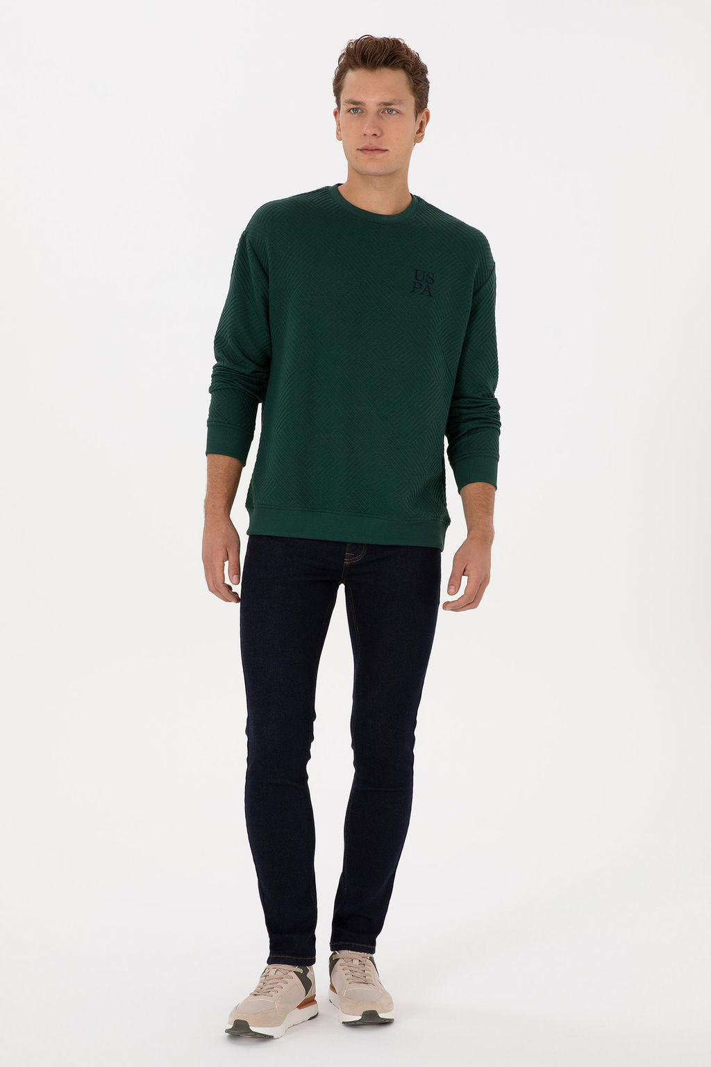 Erkek Oversize Fit Bisiklet Yaka Koyu Ye_il Sweatshirt