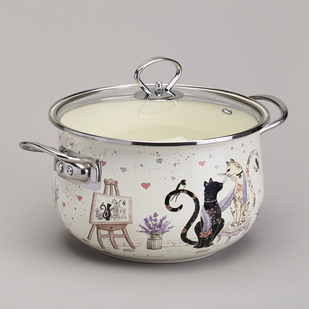 КАСТРЮЛЯ AGNESS ЭМАЛИРОВАННАЯ СО СТЕКЛЯННОЙ КРЫШКОЙ СЕРИЯ LAVANDER CATS, 3,8 Л ДИА. 22СМ фото 3