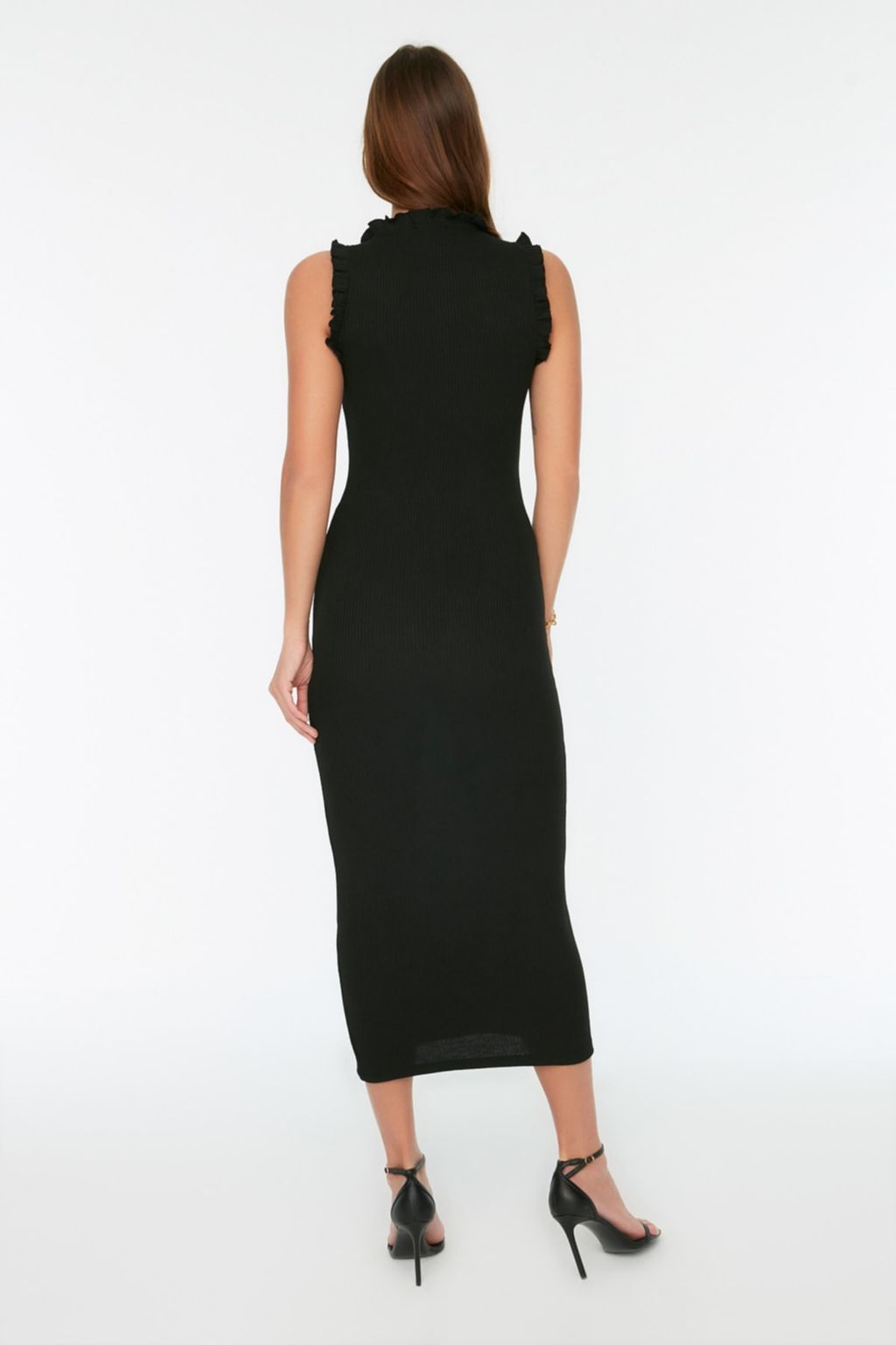 TRENDYOLMILLA Siyah F?rf?r Detayl? Fitilli Bodycone/Vucuda Oturan Midi Esnek Orme Kalem Elbise TWOSS22EL1569  фото 6