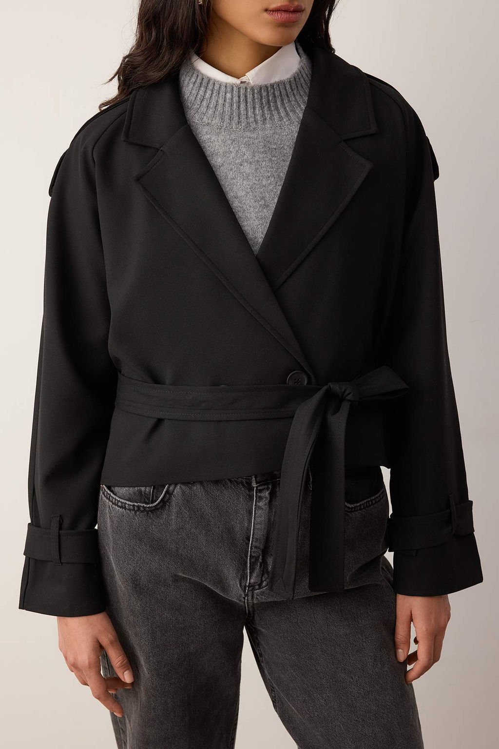 Siyah Premium Dokuma Crop Blazer Ceket TWOSS24BC00010