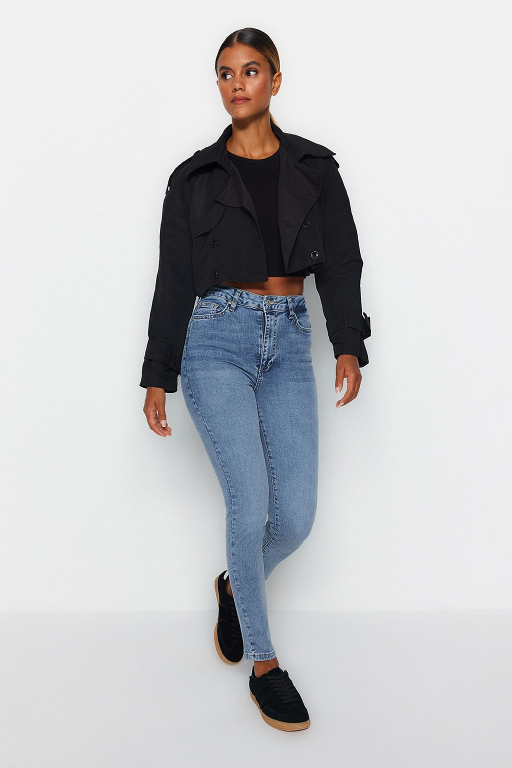 TRENDYOLMILLA Koyu Mavi Sekillendiren Etki Yuksek Bel Skinny Jeans TWOAW24JE00070  фото 9