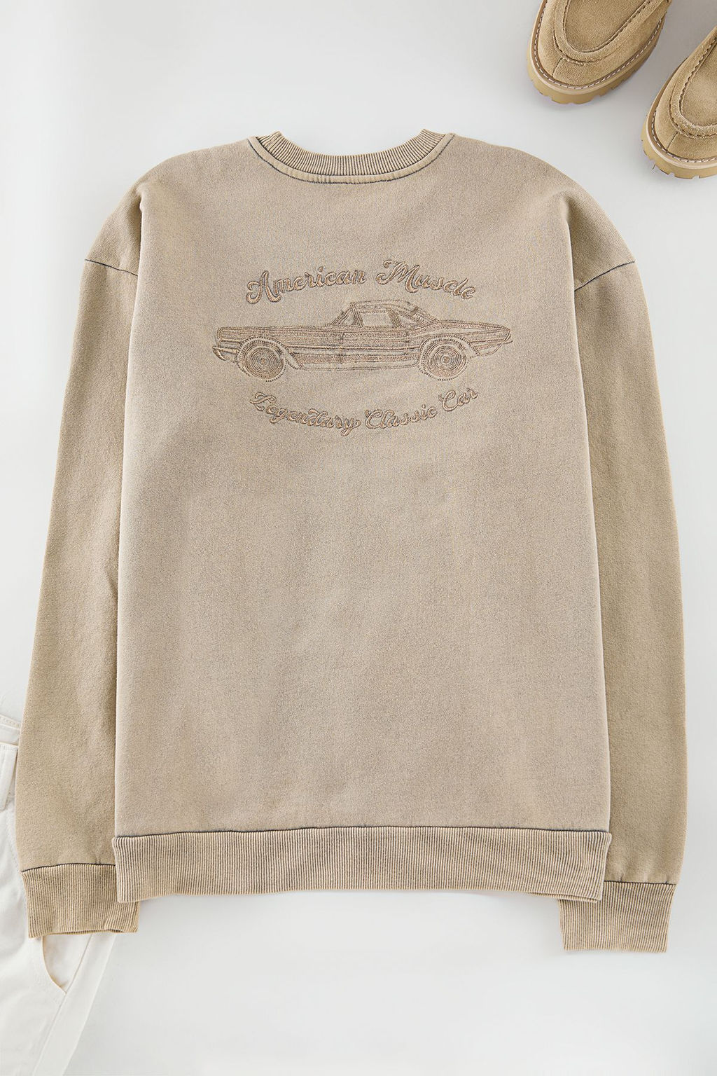 Bej Oversize/Genis Kesim Eskitme/Soluk Efektli Nak?sl? Sweatshirt TMNAW25SW00170
