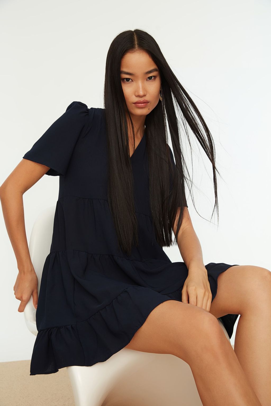 Lacivert Genis Kesim Mini Dokuma Elbise TWOSS20EL0400