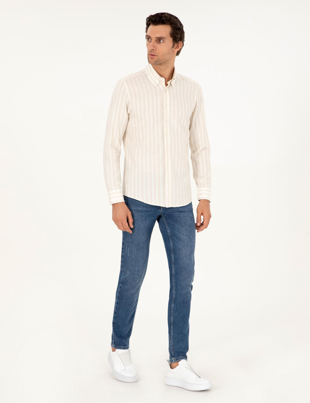 Bej Slim Fit _izgili Keten Kar___ml_ G_mlek