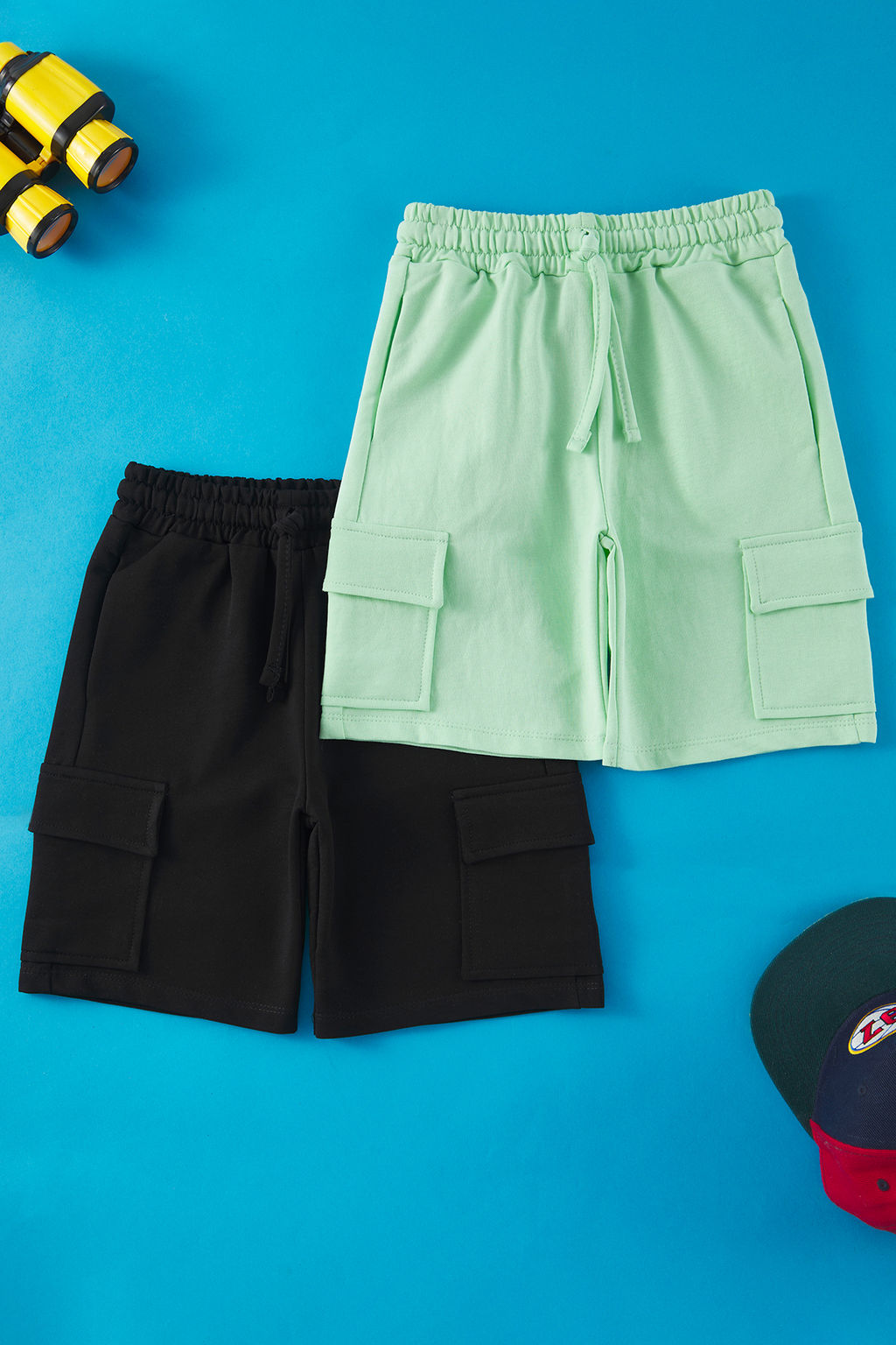 Lacivert-Gri 2li Erkek Cocuk Pamuklu Beli Lastikli Kargo Cepli Orme Sort TKDSS25SR00006 - Trendyolmilla фото 6