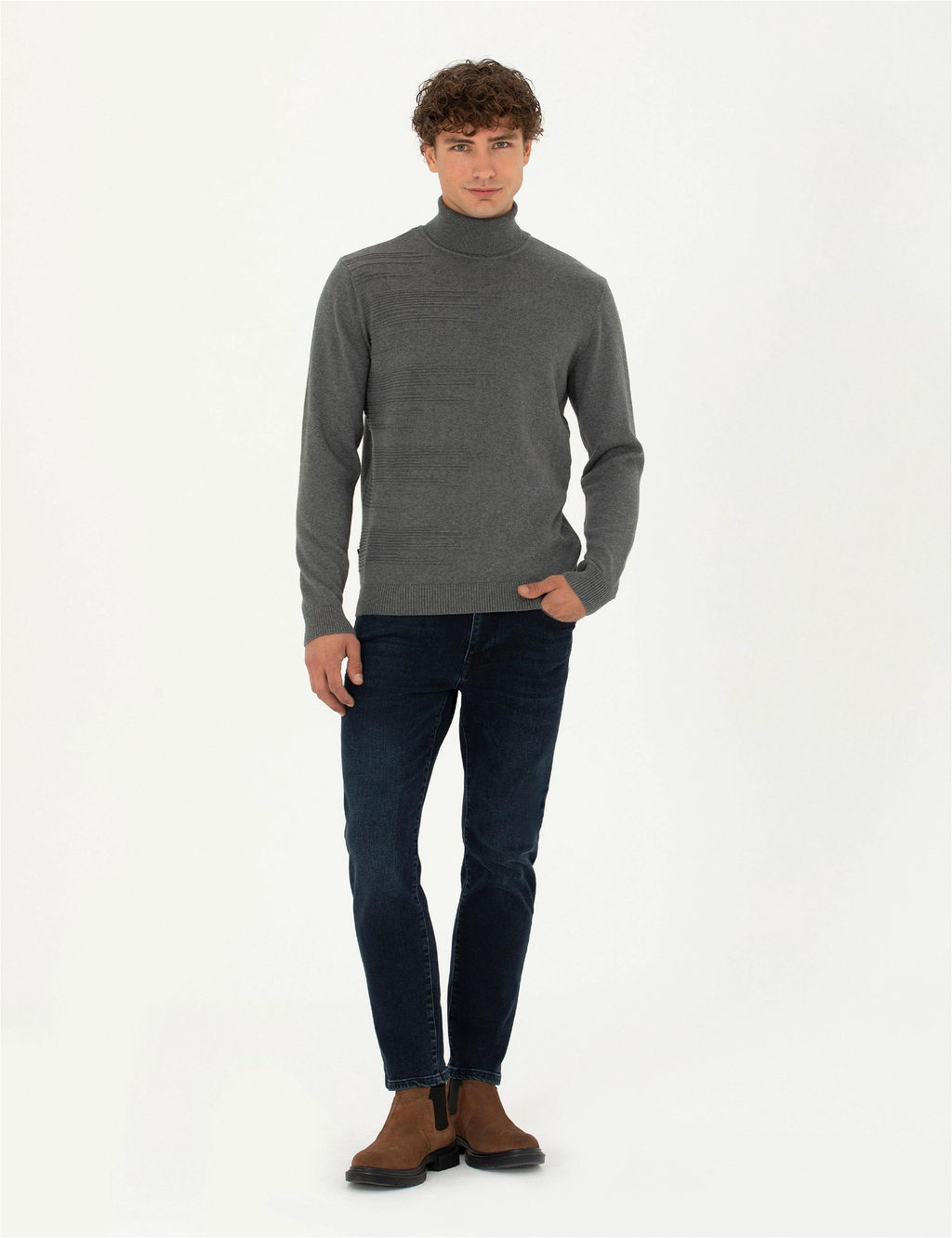 Gri Melanj Slim Fit Bal_k__ Yaka Triko Kazak - Pierre cardin фото 4