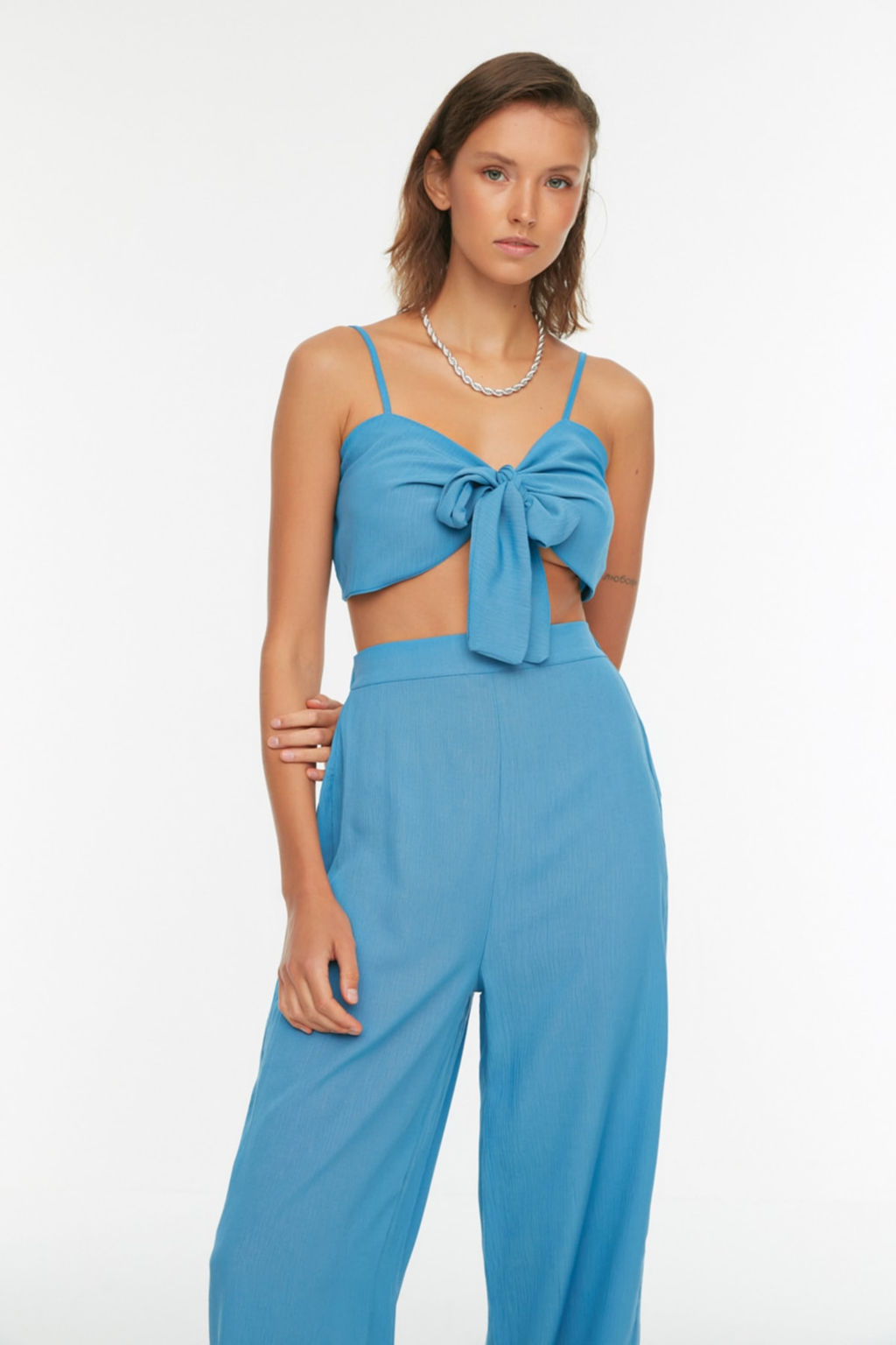 Haki Dokuma Baglama Detayl? Plaj Yuksek Bel Bluz-Pantolon Tak?m TBESS22AU0108 - Trendyolmilla фото 11