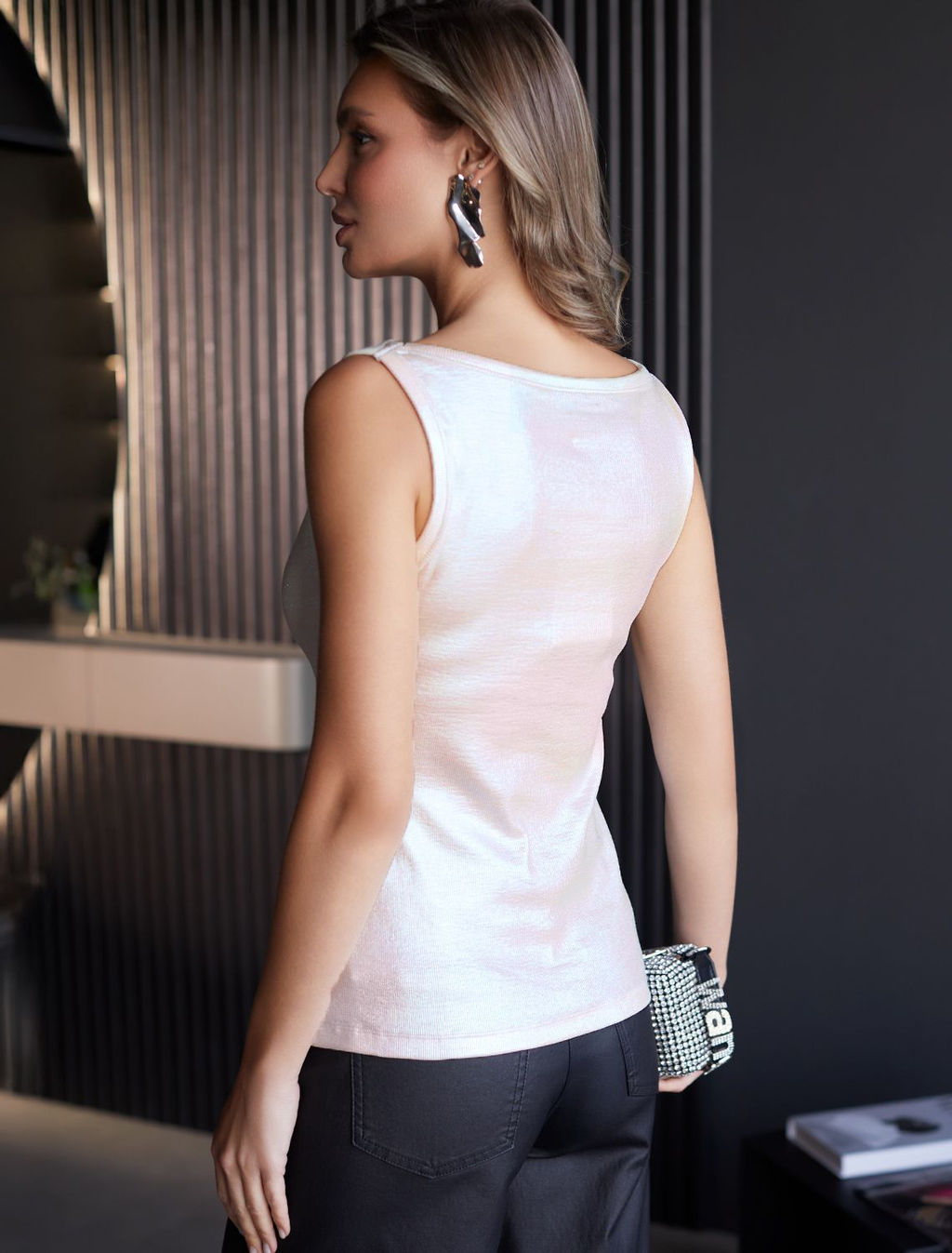 Топ в рубчик с широкими лямками с матовым покрытием металлик из хлопка с эластаном