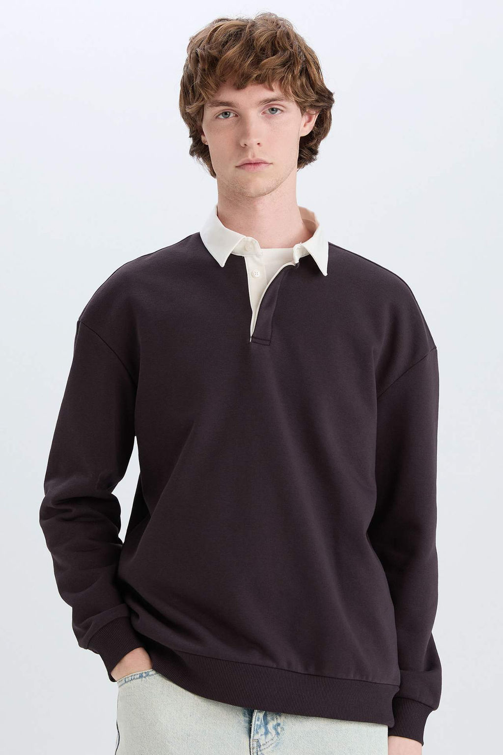 Boxy Fit Polo Yaka Basic Duz Sweatshirt - Defacto фото 2