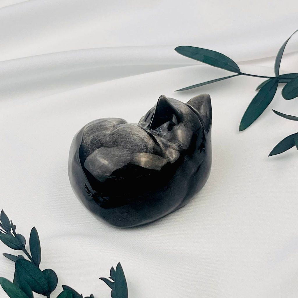 Радуга Самоцветов Фигурка Кошка из серебристого Обсидиана  фото 5